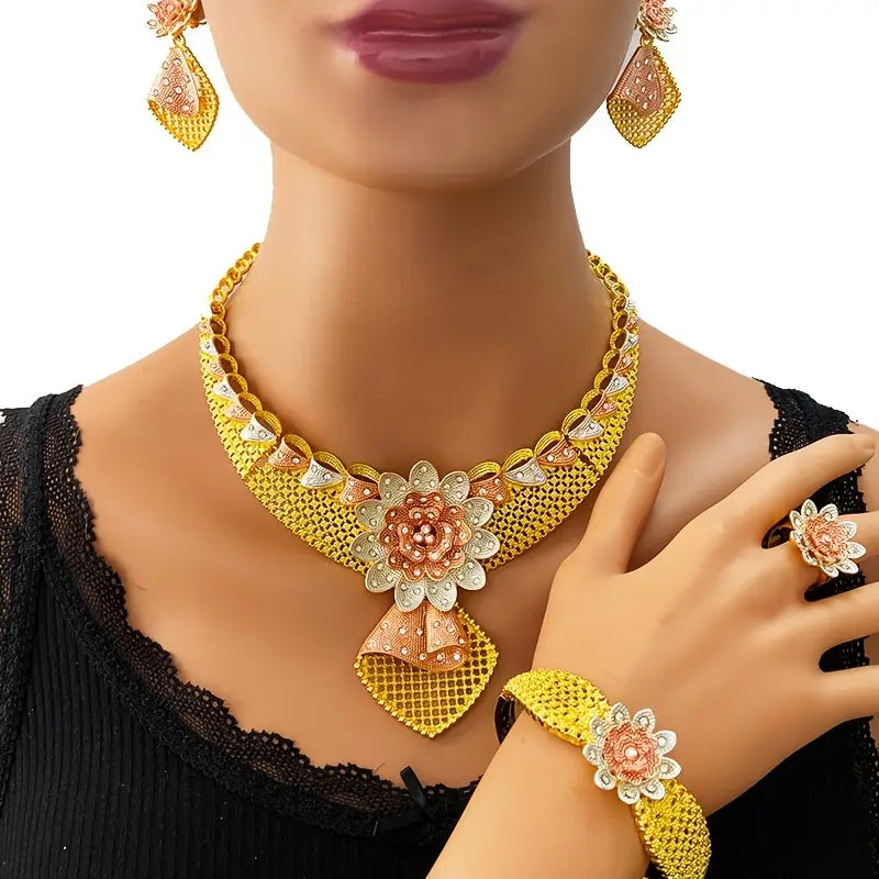 Vibrant Rose &amp; Bow Jewelry Set for Women |طقم مجوهرات وردية وقوس نابض بالحياة للنساء