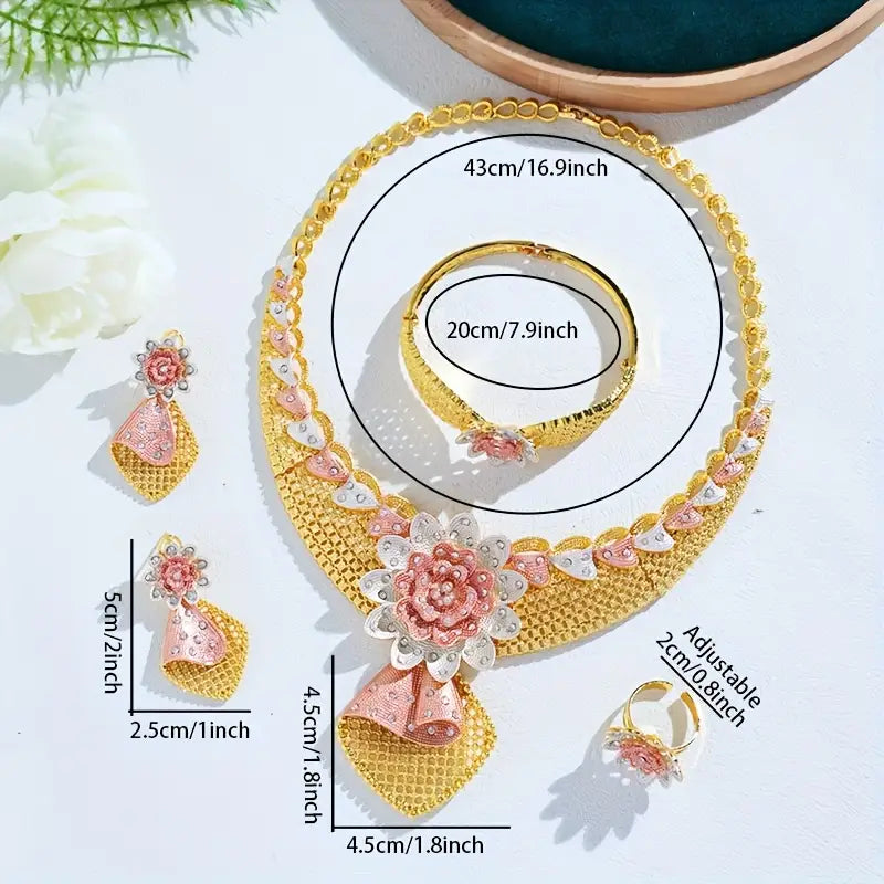 Vibrant Rose &amp; Bow Jewelry Set for Women |طقم مجوهرات وردية وقوس نابض بالحياة للنساء