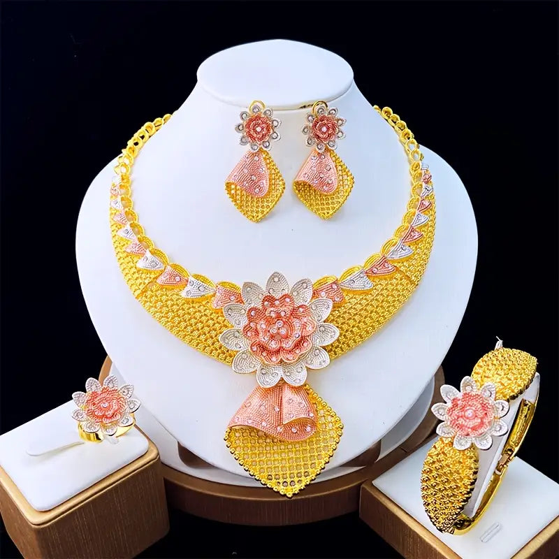 Vibrant Rose &amp; Bow Jewelry Set for Women |طقم مجوهرات وردية وقوس نابض بالحياة للنساء